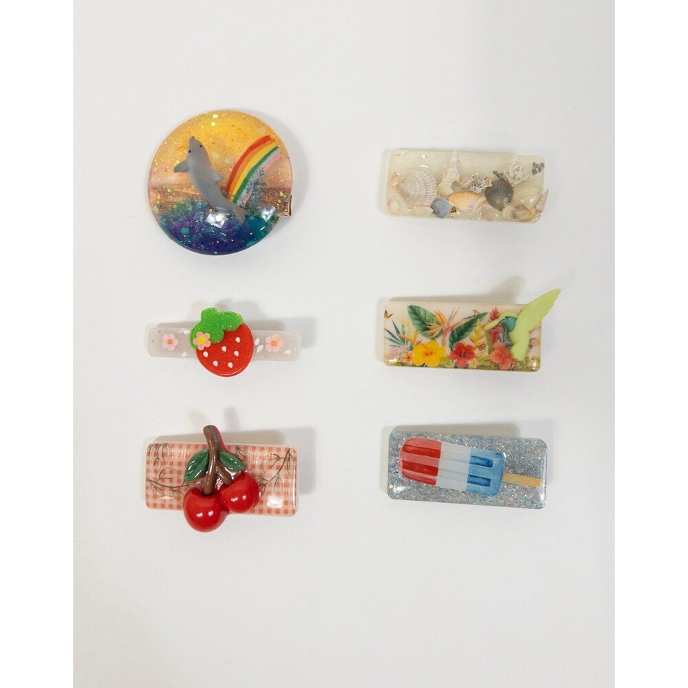Bundle Of 6 Summertime Hair Clips! Dolphin, Cherry, Tropical, Shells, Popsicle!
